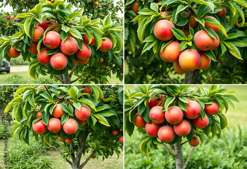Ripe red plums hanging on a...