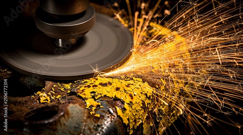 Industrial metal grinding process creating bright sparks in a workshop.