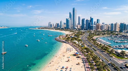Aerial view of Abu Dhabi Corniche with skyscrapers and beach. Modern cityscape and coastal scenery from drone perspective.
