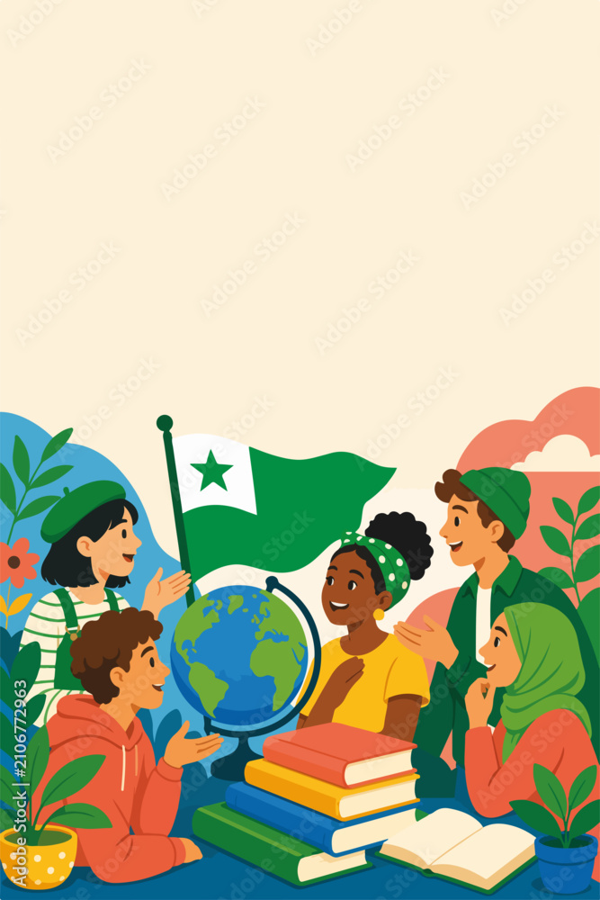 Fototapeta premium Diverse group of students learning Esperanto. Flat design vector illustration of people with globe, books and Esperanto flag. Global language education concept