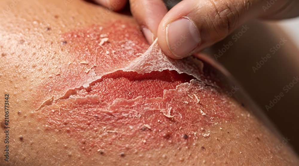 Fototapeta premium Severe skin peeling and sunburn on human shoulder.