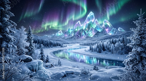 Enchanting Winter Landscape with Glowing Crystal Mountains Under a Vibrant Aurora Borealis Night Sky Over a Frozen River