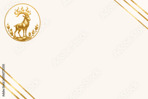Golden goat emblem on white background with diagonal stripes. Minimalist luxury holiday card template. Clean vector illustration