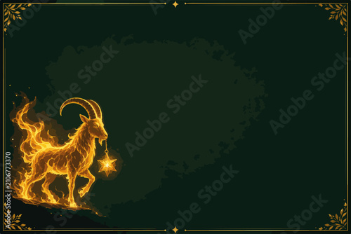 Golden fire goat holding star lantern. Dark green luxury holiday card template with floral border. Magical vector illustration