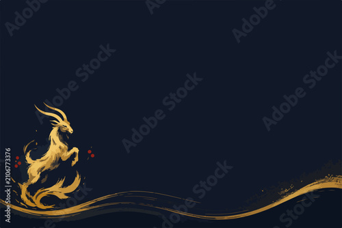 Golden leaping goat with brushstroke wave. Dark blue minimalist holiday card template. Elegant vector illustration