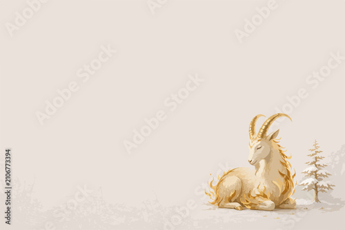 Golden winter goat lying by snow covered pine tree. Minimalist beige holiday card template. Elegant vector illustration