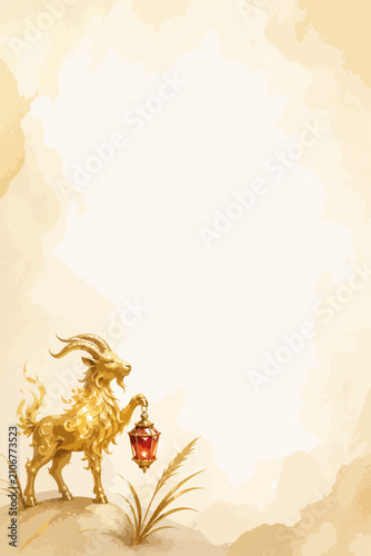 Golden goat holding red lantern on rocky hill. Vertical illustration of Capricorn on textured beige background. Artistic holiday card template