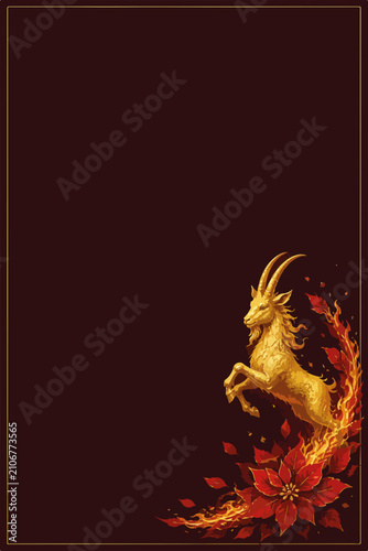 Golden goat leaping from red poinsettia flower. Vertical illustration of festive Capricorn on dark background. Holiday card template with copy space