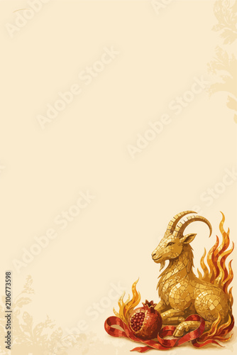Golden goat with pomegranate and red ribbon. Vertical illustration of luxury Capricorn on beige background. Festive holiday card template