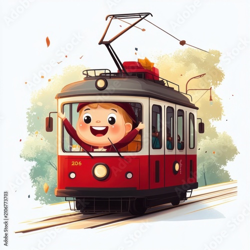 Happy child waving from a red vintage tram with luggage on the roof, autumn leaves and trees passing by