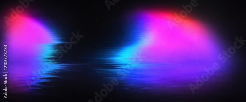 Abstract background with colorful neon light effects and reflections, creating a vibrant and futuristic atmosphere. The lights blend from pink and red to blue and cyan, set against a dark backdrop