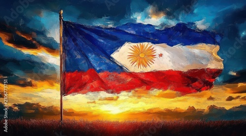 Weathered blue and red flag with a white diamond bearing a radiant yellow sun and small red star waves from a pole above a grassy field at a majestic golden sunset