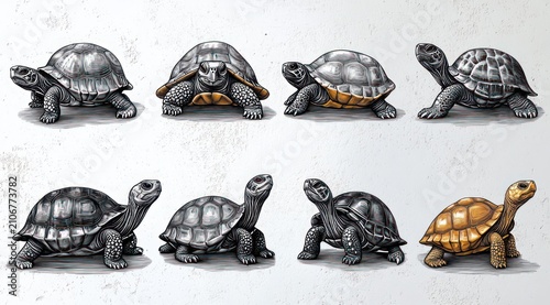 nine illustrated tortoises arranged in two rows, detailed black and white drawings with one golden tortoise, calm curious expressions and varied poses