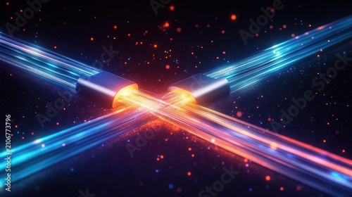 Two crossing glowing fiber-optic bundles emitting blue and orange light beams with sparks and particles against a dark starry background, conveying dynamic high-energy data flow