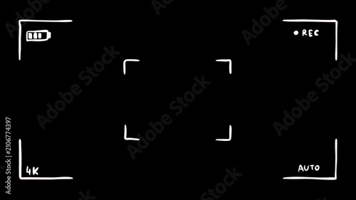 Hand drawn camera viewfinder HUD interface overlay with white sketched lines on black background. Features battery status, record button, frame guides, auto focus and 4k resolution indicators