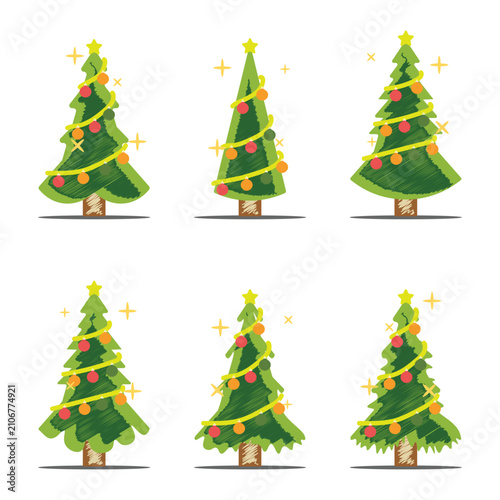 Decorated Christmas Tree Clipart Set in Hand Drawn Style