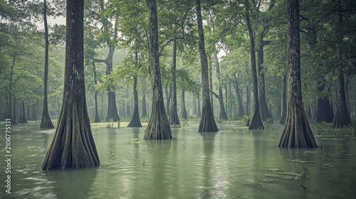 Misty swamp forest with cypress trees standing in murky water during a summer monsoon rain