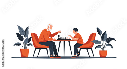 Grandfather and grandson playing chess together, enjoying a strategic game.