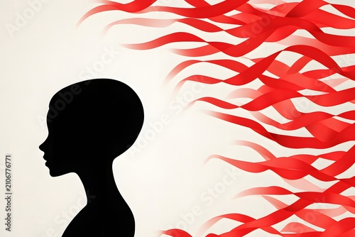 Silhouette of a female figure against a soft background with flowing red ribbons, symbolizing creativity, emotion, and artistic expression in a modern design