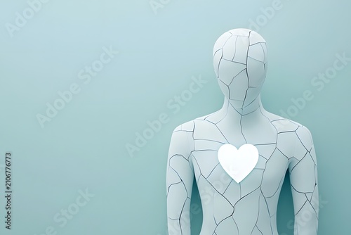 Abstract illustration of a humanoid figure with a cracked surface, featuring a heart shape in the chest area, symbolizing vulnerability and emotional depth in a minimalist setting