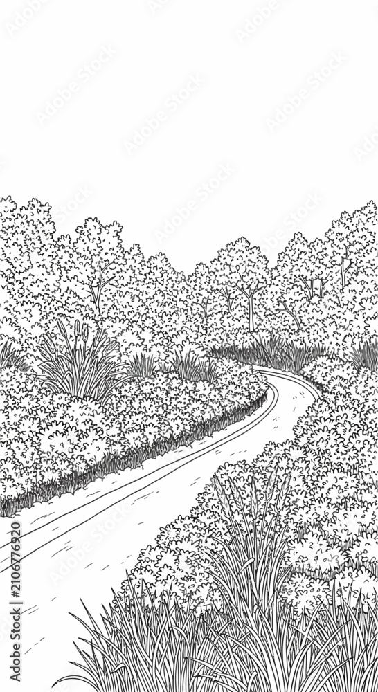 Fototapeta premium Black and White Illustration of a Winding Country Road Through a Dense Forest