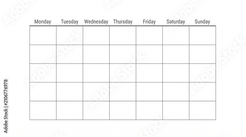 Minimalist blank monthly calendar template, clean white weekly planner grid with black text, professional organizer for business scheduling