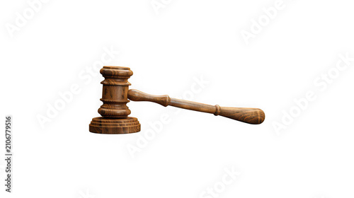 Gavel standing upright on a round wooden block conveys the concept of legal order and the authority of a judge presiding over a trial in a professional courtroom setting that demands total respect.