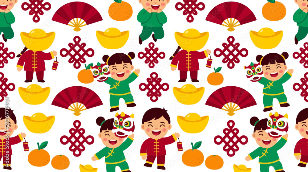 Fototapeta premium Chinese New Year Kids Pattern: Dragons, Oranges, Gold Ingots, Fans