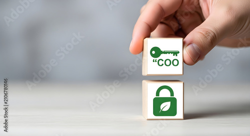 Hand stacking wooden blocks showing COO and environmental protection icons for sustainable corporate operations and business security strategies