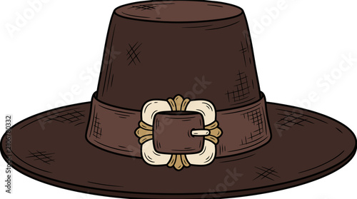 Photos A detailed illustration of a traditional brown pilgrim hat with a decorative gold and silver buckle on a dark brown band