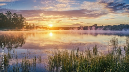 Sunrise over a misty lake with reflections and reeds