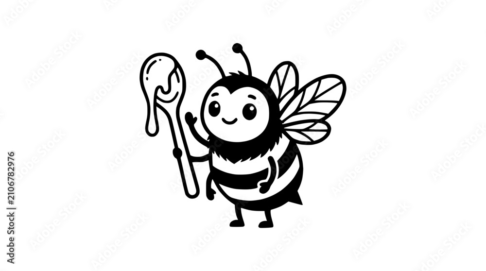 Naklejka premium Cute Cartoon Bee Holding a Honey Spoon Line Art