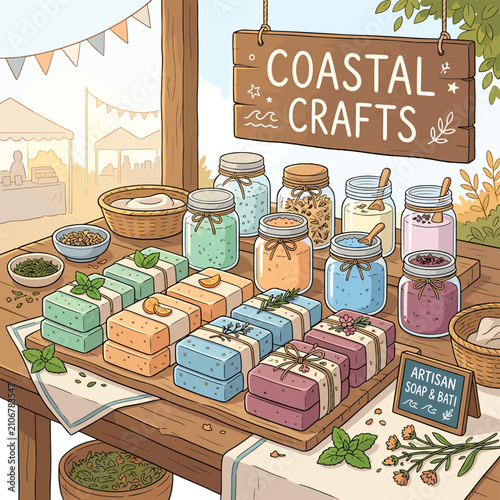Handmade coastal crafts displayed on wooden table with jars and textiles.