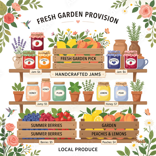 Handcrafted jams preserves and local produce display.