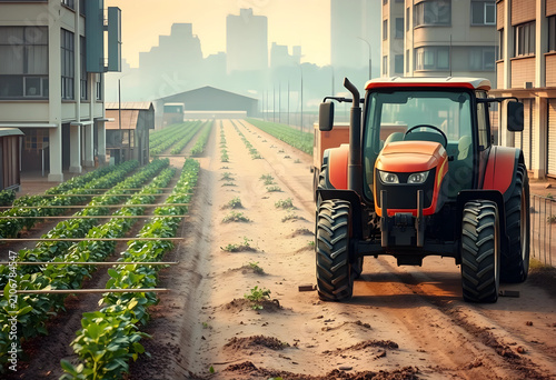 Orange farm tractor on a di...