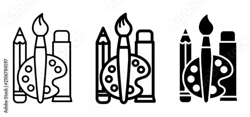 Art supplies icon set: paintbrush, palette, pencils, paint tube, for creative projects