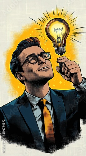 businessman in suit with obscured face holding glowing light bulb aloft amid yellow rays, conveying inspiration and a confident eureka moment