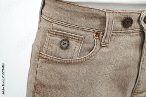 Close-up of beige corduroy pants showing waistband, belt loop, coin pocket, buttons and detailed stitching conveying a cozy casual feeling