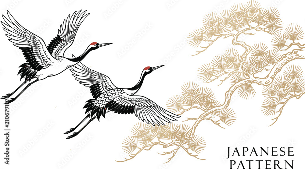 Fototapeta premium Traditional Japanese Style Vector Illustration with Flying Red Crowned Cranes and Golden Pine Tree Pattern Isolated on White Background