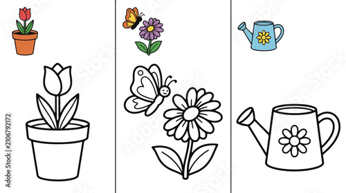 Cute Garden Coloring Book Page with Flower Pot Butterfly Scene and Watering Can Line Art Vector