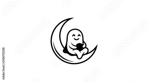 Adorable friendly ghost character sitting on a crescent moon in minimalist line art style