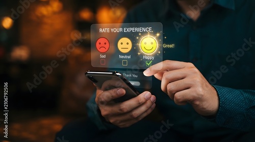 Customer experience technology mobile feedback survey with satisfaction ratings and digital interface