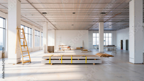 Fotografía Unfinished modern office space interior under construction with construction ren