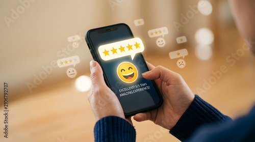 Customer feedback technology mobile app review with five star rating and positive user experience