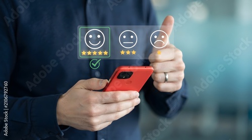 Customer feedback technology mobile app review system with star ratings and satisfaction icons