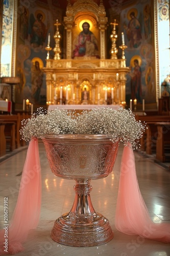 Silver ornate baptismal font decorated with baby's breath and pink tulle in front of golden altar and icon paintings, warm reverent church interior
