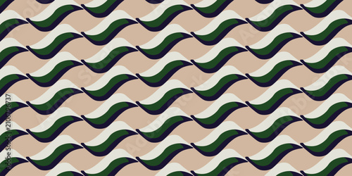 Retro wavy seamless pattern vector, vintage geometric wave background in green and beige, mid-century modern abstract wallpaper for textile design
