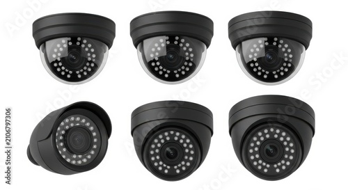 Set of black dome security cameras for home and office surveillance system in different angles