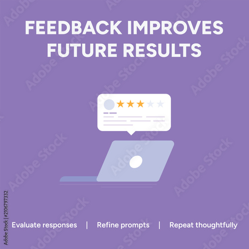 Customer feedback improves future results, laptop with star rating review notification, purple business concept for user evaluation and service improvement