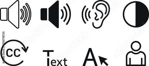 Professional black accessibility icon set featuring volume, captioning and contrast symbols on a clean white background for web.